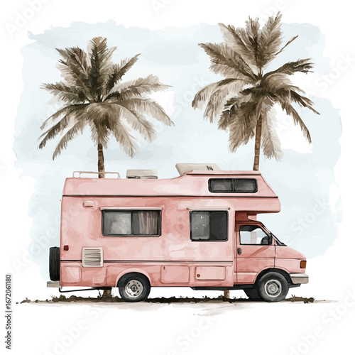 watercolor of Road Trip Summer Vibes, vector, isolated on a white background.