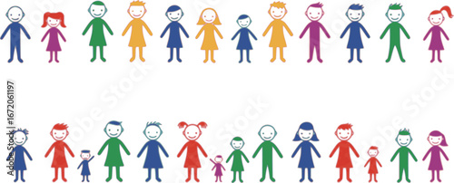 Vector illustration of colorful male and female stick figures, children standing in rows holding hands isolated on white background
