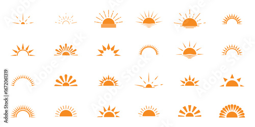 Sun rise set, sunset vector icons, sunburst rays collection