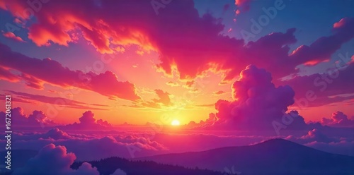 A breathtaking panoramic view of a vibrant, colorful sky at sunset Clouds painted with fiery hues of orange, pink, and purple create a stunning natural masterpiece , heavenly, beautiful