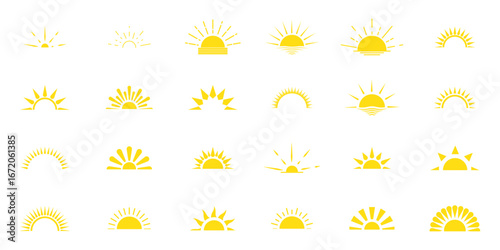 Sun rise set, sunset vector icons, sunburst rays collection