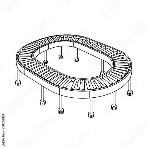 Oval shaped roller conveyor system with legs for industrial use