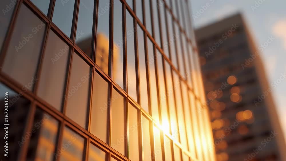 A modern office building with sunset reflecting in the glass windows. A concept for the corporate world and financial districts. Use for business news or company profiles