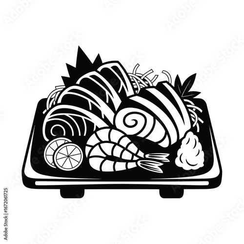 Stylized black and white illustration of a sushi platter with sashimi and shrimp