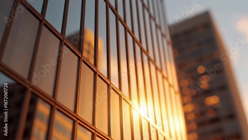 A modern office building with sunset reflecting in the glass windows. A concept for the corporate world and financial districts. Use for business news or company profiles