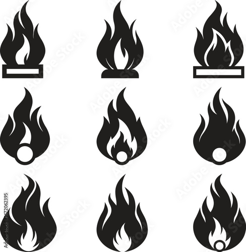 Collection of nine stylized black fire icons
