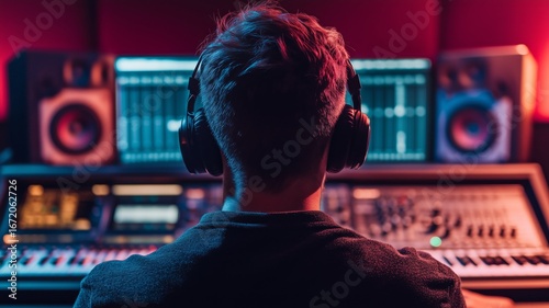 Musician creating electronic music in a modern studio with vibrant lighting