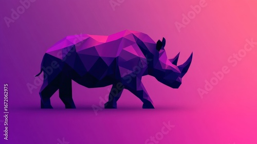 Abstract geometric representation of a rhinoceros in vibrant purple and pink color tones, showcasing modern polygonal art style for creative design and inspiration.