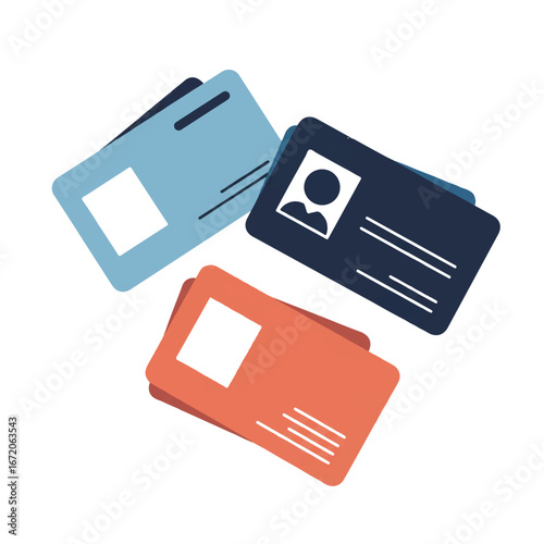 Colorful identification cards lying on a white surface representing security, access, and identity in a modern and minimalist style.