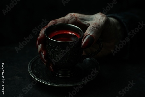 Hand with dark red painted nails holding black ornate cup filled with red liquid dark background gothic style mysterious and eerie atmosphere vampire theme blood like drink gothic coffee cup dark