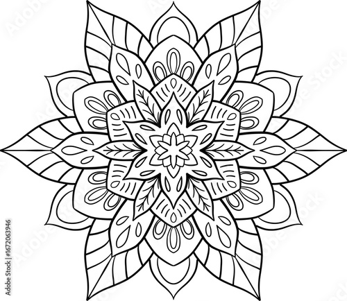 Black oriental mandala flower ornament - round modern mehndi shape