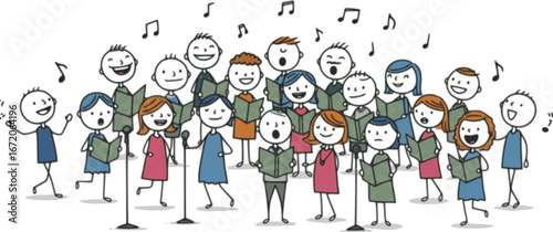 Choir, singing group, men and women sing together, funny line figures sing a song
