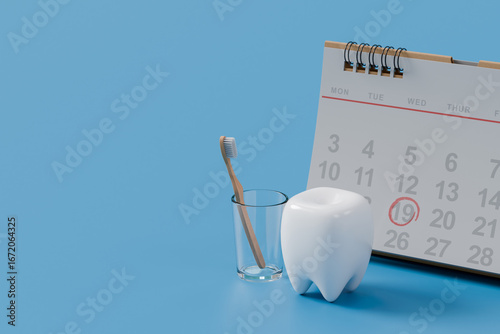 white tooth with calendar, tooth brush in glass on blue background. dental health appointment.