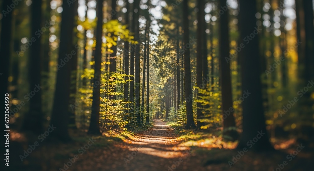 Naklejka premium Sunlit Forest Path with Golden Leaves and Blurred Foreground in