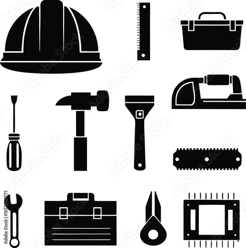 Construction and Hand Tools Black Silhouettes Vector Set - Hard Hat, Hammer, Wrench, Screwdriver