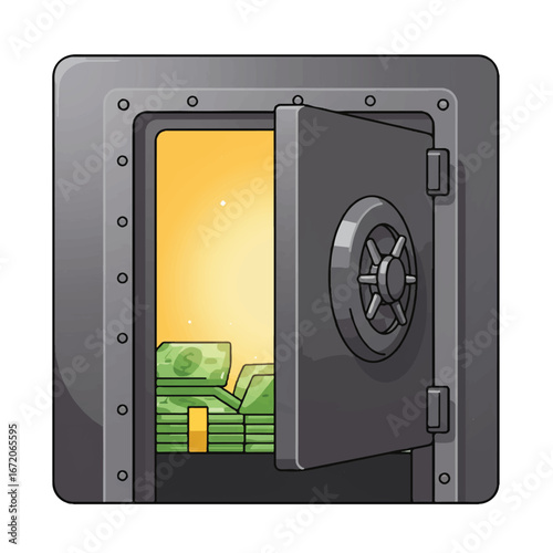 Open vault door revealing stacks of money inside a secure bank, representing financial security and wealth management, with a hopeful and prosperous theme.