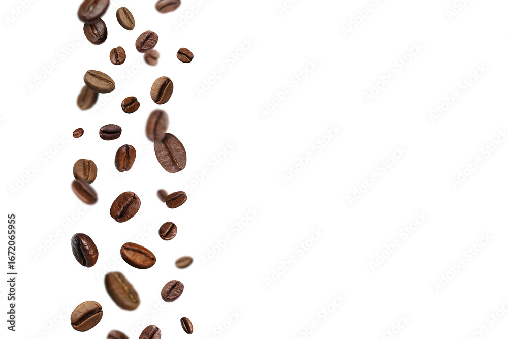 Obraz premium Roasted coffee beans falling against white background