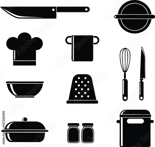 Cooking and Kitchenware Black Silhouettes Vector Set - Knife, Chef Hat, Bowl, Pots, Whisk