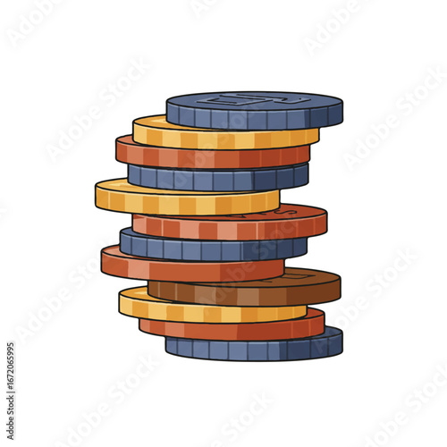 Stack of colorful coins representing savings accumulating on white surface, symbolizing financial growth and investment success with bright and optimistic mood.