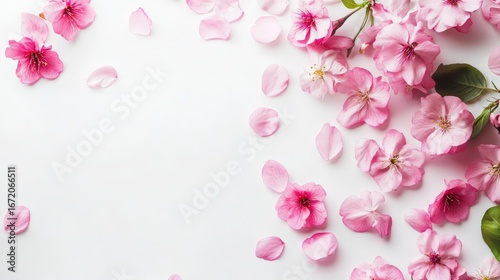 Beautiful Pink Cherry Blossom Flowers and Petals on a White Background for Creative, Inspirational, or Romantic Design Use with Elegant and Soft Aesthetic Appeal
