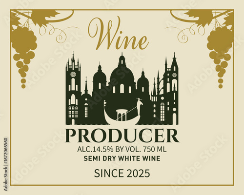 Vector vintage Wine label with cityscape of Venice, Italy. Silhouette of  town architecture and gondola on the river. Logo, menu for restaurant, cafe, packaging. Chocolate. Tourist postcard.