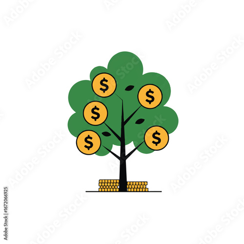 Money tree growing with dollar coins as leaves in a garden symbolizing financial growth and investment success with a hopeful theme.