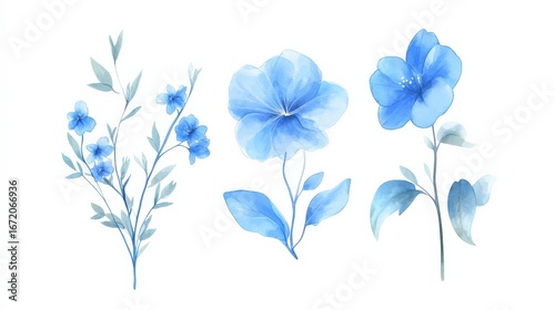Beautiful Watercolor Floral Illustrations of Blue Blooms with Delicate Petals and Foliage, Perfect for Botanical Designs and Nature-Inspired Art Projects