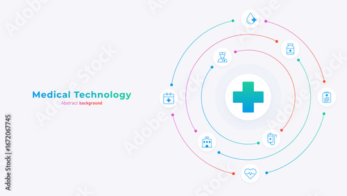 Concept of health insurance and medicine tech. Health cross icon with medical signs on a gradient circuit board. Health insurance business, telemedicine, innovation and treatment. Vector illustration.