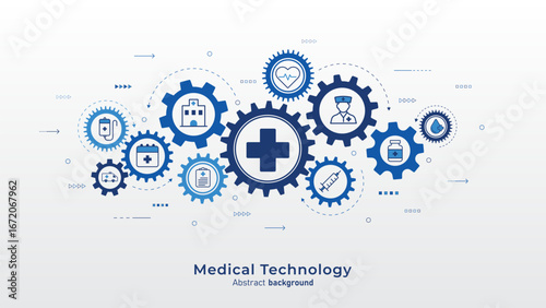 Concept of health innovation and medicine tech. Medical icon with rotating mechanism of gear parts. Health insurance business, diagnostics, and healthcare design. Vector illustration.