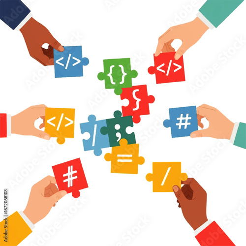 Hands of diverse people assembling puzzle pieces with programming symbols, representing collaboration and teamwork in software development