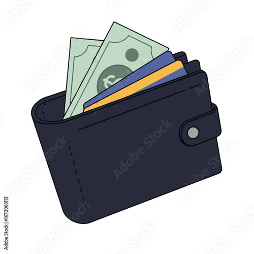 Black wallet holding cash and credit cards sits on a white surface, representing financial security and spending habits in a modern, minimalist style.