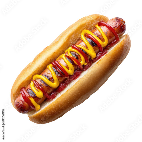 Realistic hot dog topped with mustard and ketchup on transparent background