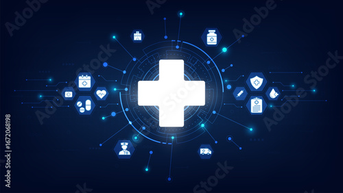 Concept of healthcare system and hospital medicine tech. Health cross icon with medical signs on futuristic circuit background. Patient service and futuristic pharmacy technology. Vector illustration.