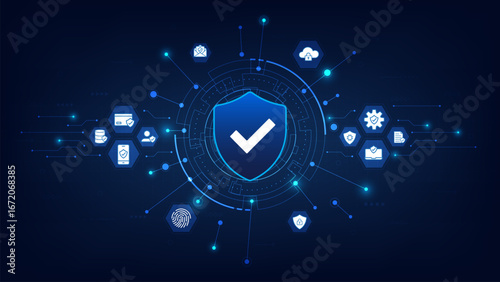 Concept of digital cybersecurity and secure service. Shield with checkmark icon and security symbol on futuristic circuit background. Advanced safety technology. Vector illustration.