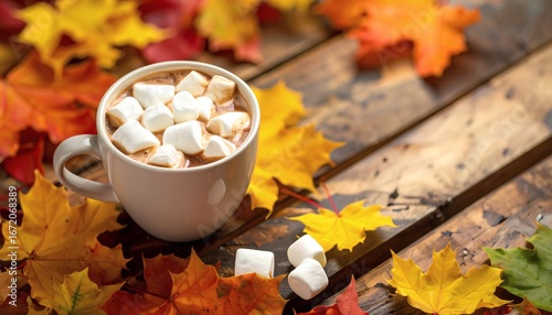 Cup of hot chocolate topped with marshmallows surrounded by autumn leaves on wooden table