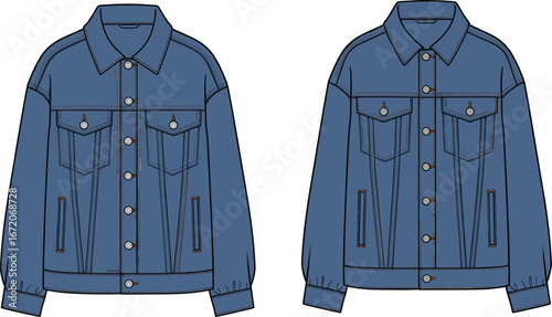 Denim jacket technical sketch, front view fashion flat, cad drawing vector, garment design template, apparel illustration, outerwear blueprint