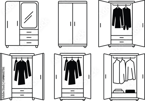 Silhouette set of wardrobes, closet icons, modern furniture, storage cabinet, clothes hanging, bedroom wardrobe design, vector black illustration