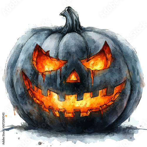 Pumpkin Lantern Glowing, watercolor clipart vector, isolated on a white background.