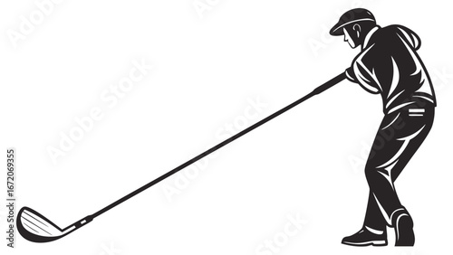 A golfer in black and white swinging a golf club with a long shaft in a dynamic pose on white created with generated ai
