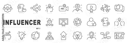 Influencer line icons for social media marketing: content creator tools, engagement, community, video, endorsement, rating, certificate, livestream, webinar, editable stroke
