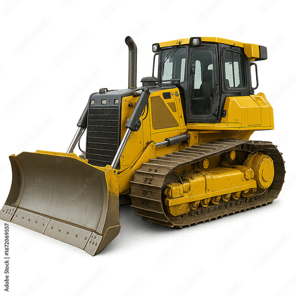 Fototapeta premium Isolated transparent realistic crawler dozer heavy-duty earth mover, crawler dozer with steel blade and tracks,crawler dozer construction equipment PNG die-cut.