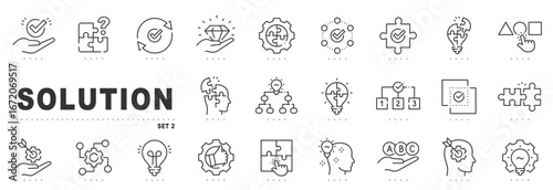Outline solution icons for problem solving, strategy, decision, puzzle integration, idea innovation, workflow optimization, target success, selection, validation management planning