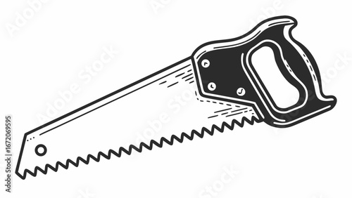 Illustration of a hand saw with a dark handle and a toothed blade for cutting wood material created with generated ai