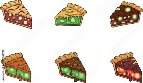 Fantasy Glowing Pie Slices with Magical Fillings, Cartoon Dessert Illustration for Creative Food Concepts, Alien Bakery, Vector Art Design