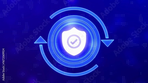 Blue Shield Icon with Check Mark and Circular Arrows on a Blue Digital Background security protection