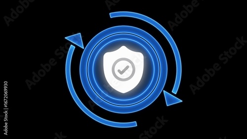 Blue Shield Icon with Check Mark and Circular Arrows on a Black Background security protection