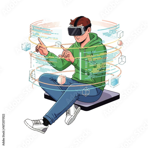 Young man immersed in virtual reality, interacting with digital code and 3D objects