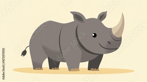 Cartoon Rhino Character with Big Smile on Light Background, Perfect for Children's Themes and Educational Materials in Wildlife Conservation and Animal Awareness