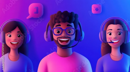 Cheerful Diverse Customer Support Team in a Vibrant Digital Environment with Headsets and Icons, Representing Positive Communication and Engagement