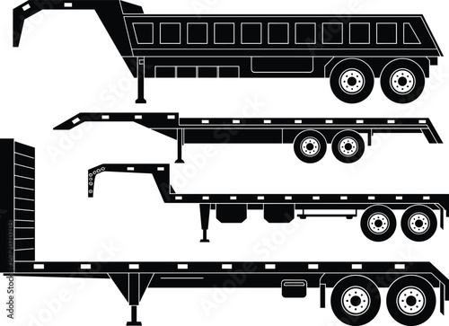 Silhouette industrial trailers set, heavy duty transport equipment, flatbed trailer, gooseneck trailer, dump trailer, cargo hauling vehicle illustration, black transport truck trailer design